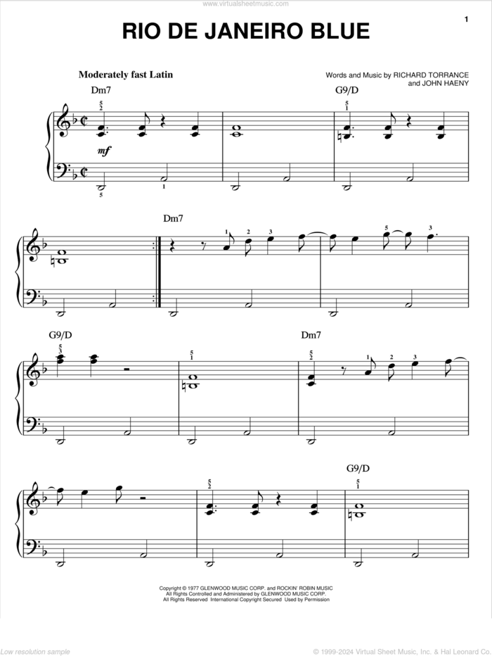 Rio De Janeiro Blue sheet music for piano solo by Randy Crawford, John Haeny and Richard Torrance, easy skill level