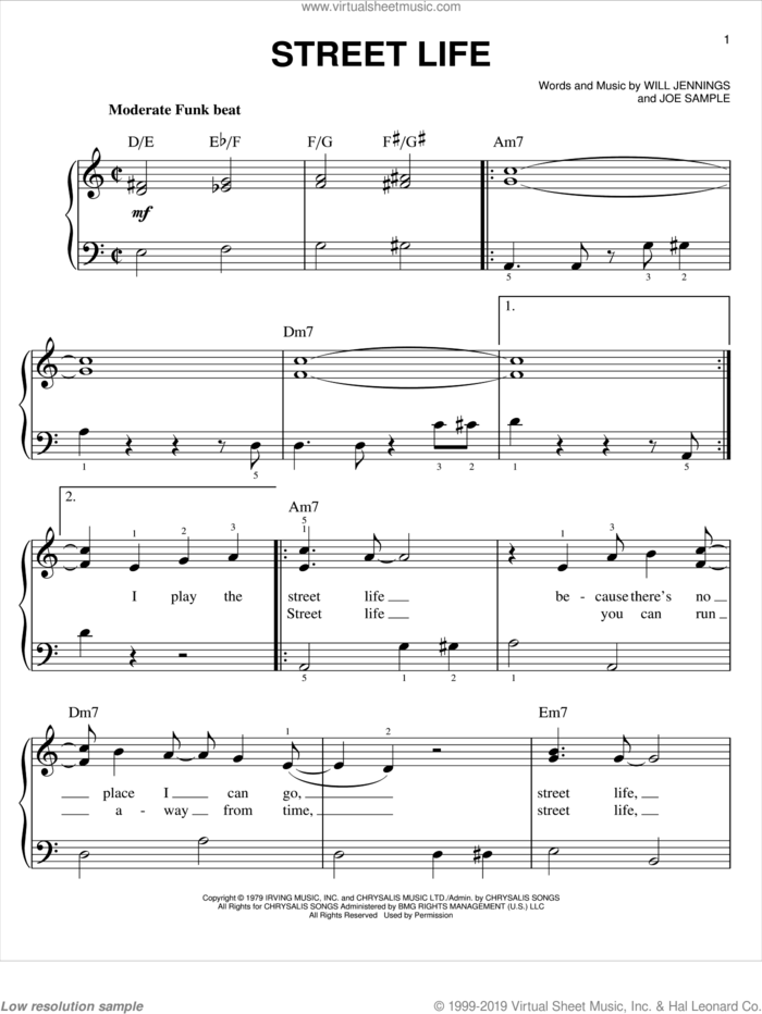 Street Life sheet music for piano solo by The Crusaders, Joe Sample and Will Jennings, easy skill level