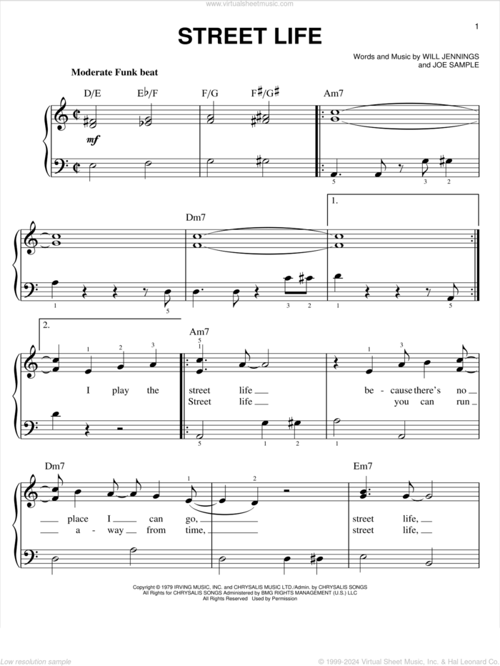 Street Life sheet music for piano solo by The Crusaders, Joe Sample and Will Jennings, easy skill level