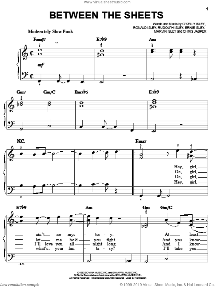 Between The Sheets sheet music for piano solo by O Kelly Isley, Ronald Isley and Rudolph Isley, easy skill level