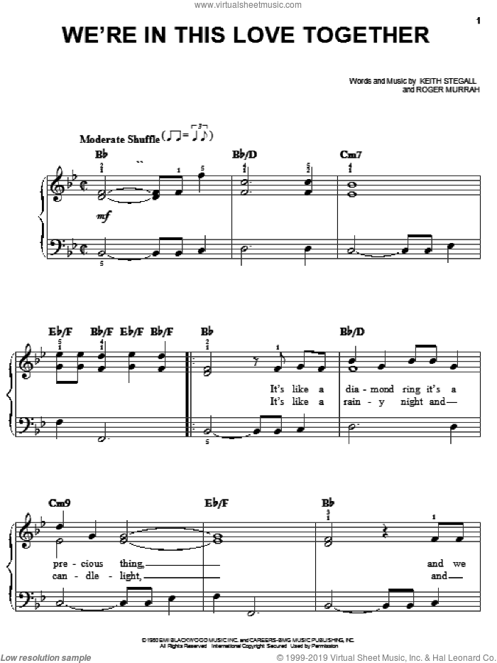 We're In This Love Together sheet music for piano solo by Al Jarreau, Keith Stegall and Roger Murrah, easy skill level