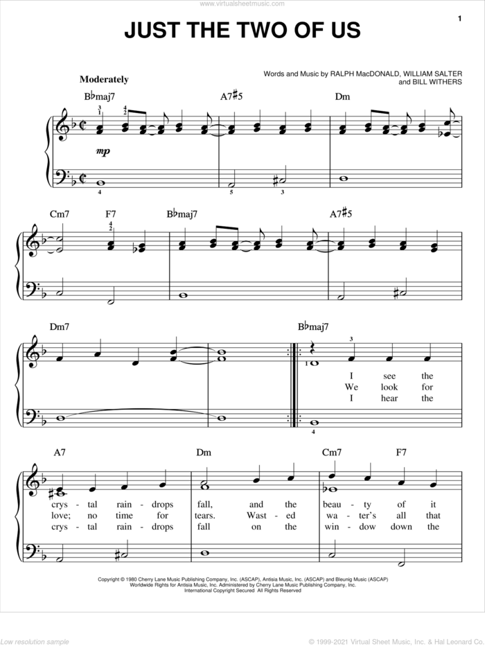 Just The Two Of Us, (easy) sheet music for piano solo by Grover Washington Jr., Grover Washington Jr. feat. Bill Withers, Bill Withers, Ralph MacDonald and William Salter, wedding score, easy skill level
