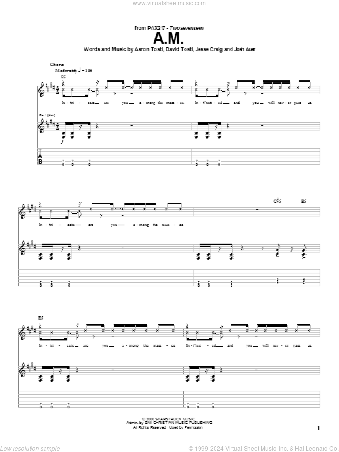 A.M. sheet music for guitar (tablature) by PAX217, Aaron Tosti, David Tosti and Jesse Craig, intermediate skill level