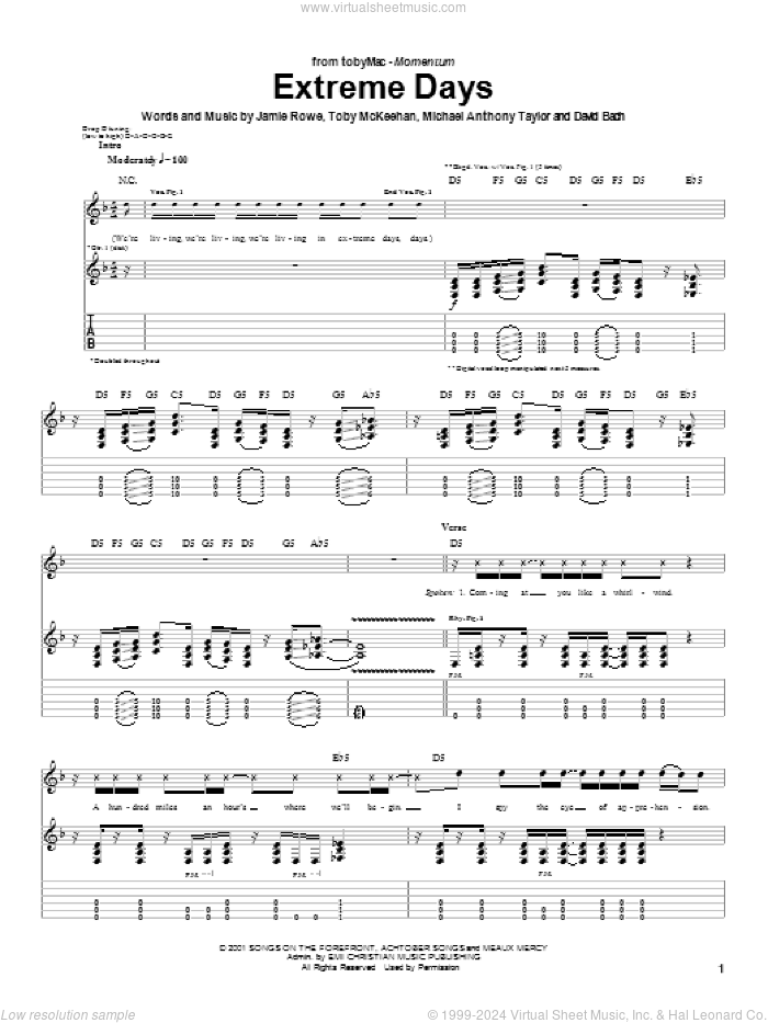 Extreme Days sheet music for guitar (tablature) by tobyMac, dc Talk, Jamie Rowe, Michael Anthony Taylor and Toby McKeehan, intermediate skill level