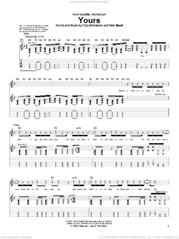 Yours sheet music for guitar (tablature) by tobyMac, Pete Stewart and Toby McKeehan, intermediate skill level