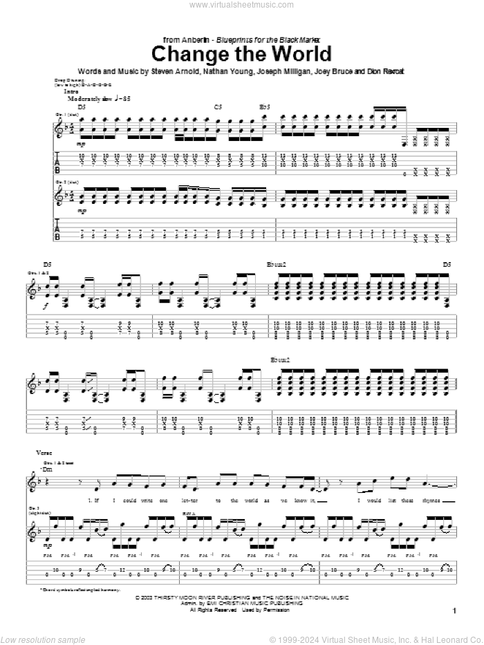 Change The World sheet music for guitar (tablature) by Anberlin, Joseph Milligan, Nathan Young and Steven Arnold, intermediate skill level