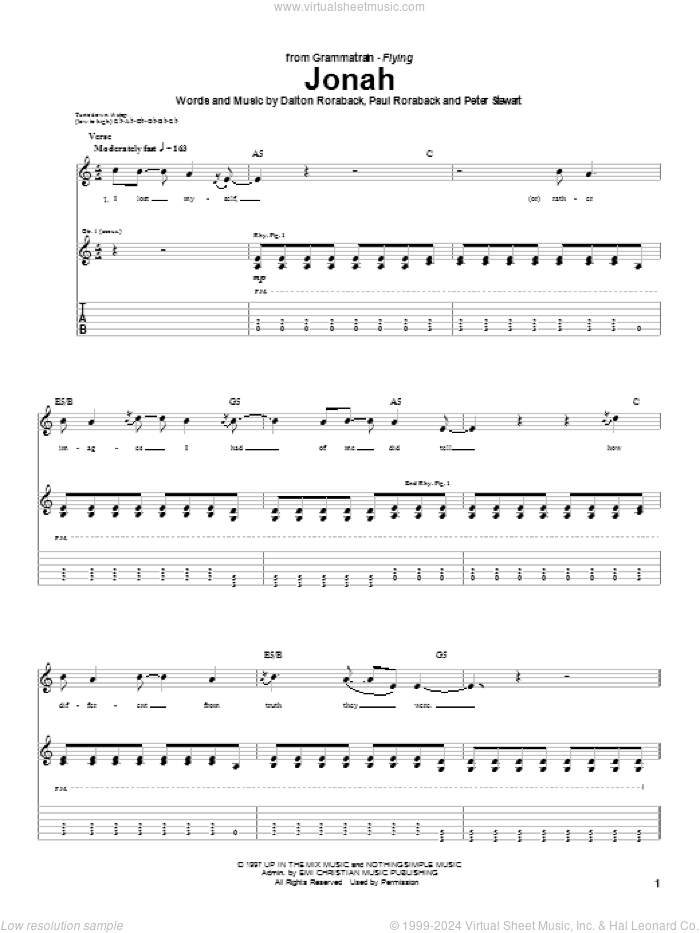 Jonah sheet music for guitar (tablature) by Dalton Roraback, Paul Roraback and Peter Stewart, intermediate skill level