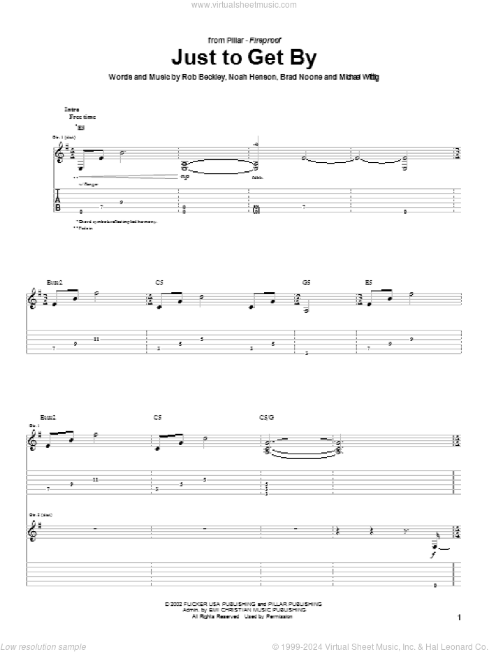 Just To Get By sheet music for guitar (tablature) by Pillar, Brad Noone, Noah Henson and Rob Beckley, intermediate skill level