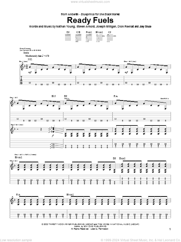 Ready Fuels sheet music for guitar (tablature) by Anberlin, Joseph Milligan, Nathan Young and Steven Arnold, intermediate skill level