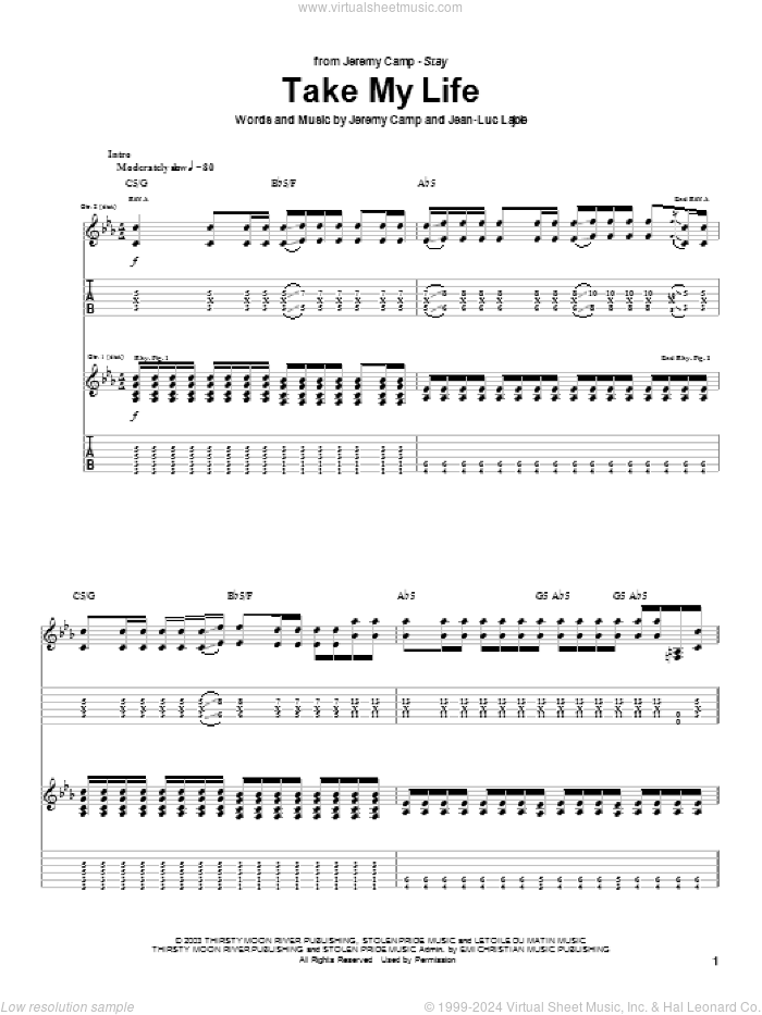 Take My Life sheet music for guitar (tablature) by Jeremy Camp and Jean-Luc Lajoie, intermediate skill level