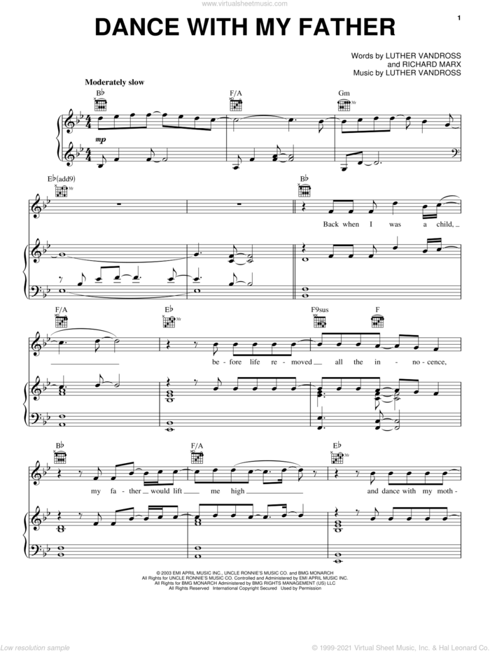 Dance With My Father sheet music for voice, piano or guitar by Luther Vandross and Richard Marx, intermediate skill level