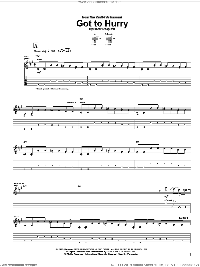 Got To Hurry sheet music for guitar (tablature) by The Yardbirds, Eric Clapton and Oscar Rasputin, intermediate skill level