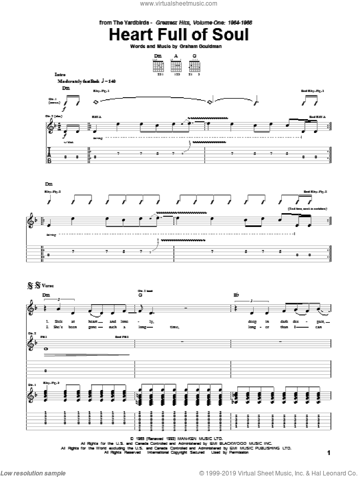 Heart Full Of Soul sheet music for guitar (tablature) by The Yardbirds and Graham Gouldman, intermediate skill level