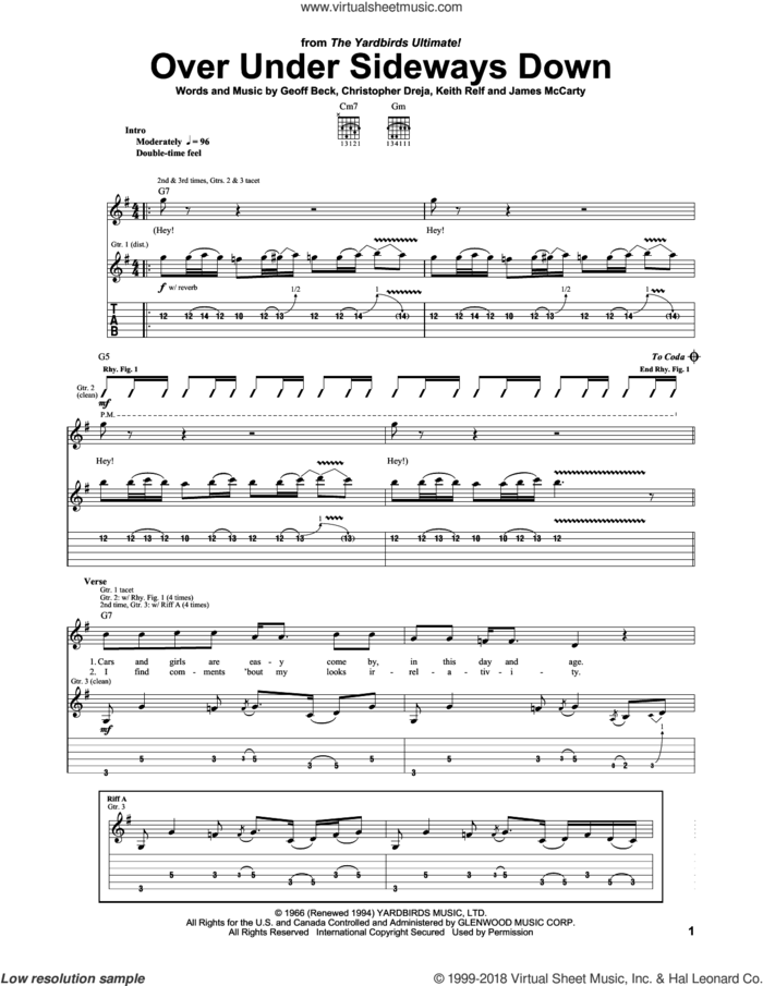 Over Under Sideways Down sheet music for guitar (tablature) by The Yardbirds, Christopher Dreja, Geoff Beck and James McCarty, intermediate skill level