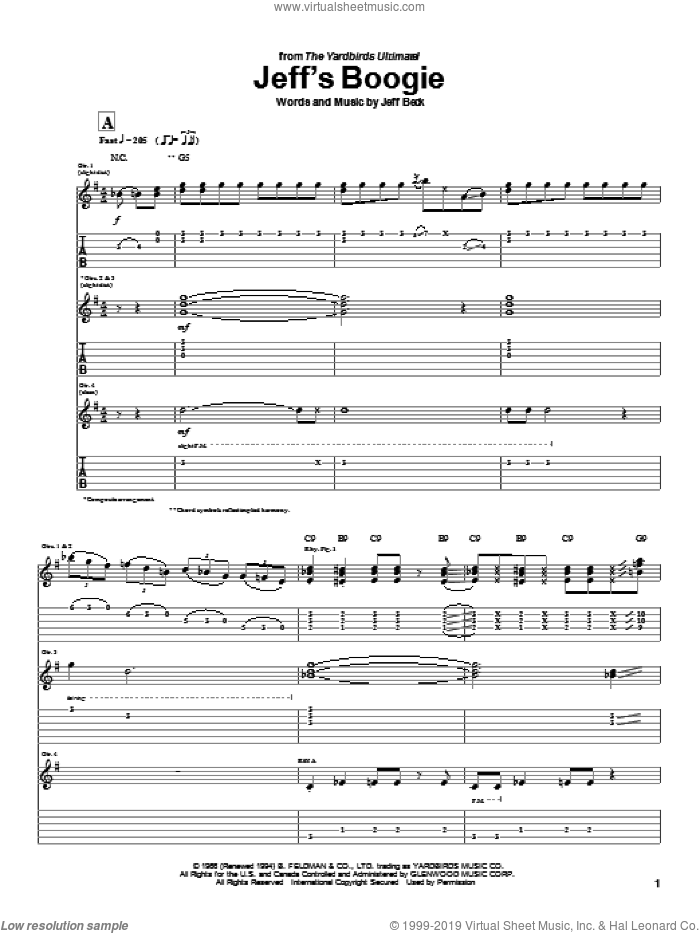 Jeff's Boogie sheet music for guitar (tablature) by Jeff Beck and The Yardbirds, intermediate skill level