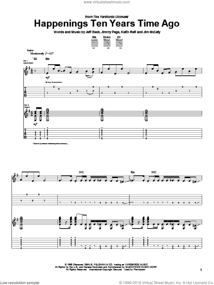 Happenings Ten Years Time Ago sheet music for guitar (tablature) by The Yardbirds, Jeff Beck, Jimmy Page and Keith Relf, intermediate skill level