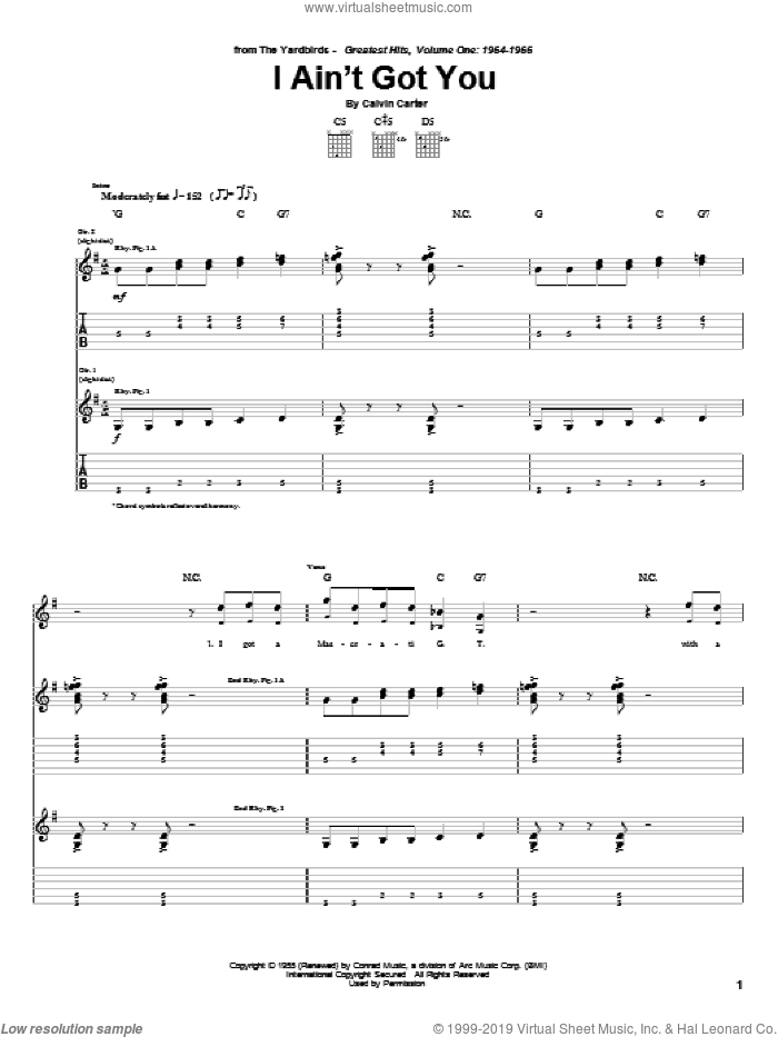 I Ain't Got You sheet music for guitar (tablature) by The Yardbirds, Eric Clapton and Calvin Carter, intermediate skill level