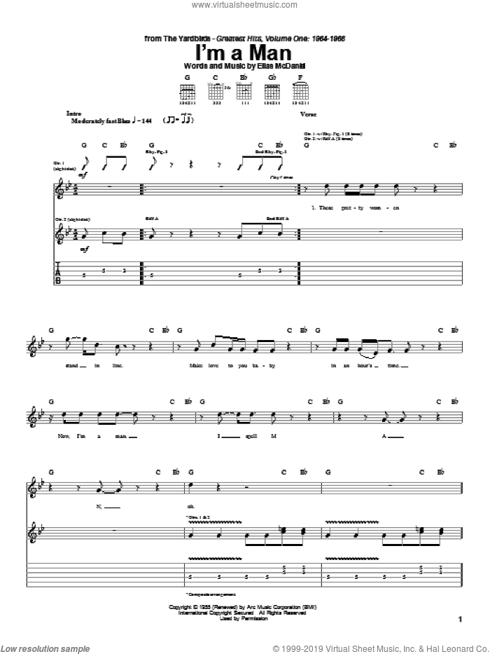 I'm A Man sheet music for guitar (tablature) by The Yardbirds, Bo Diddley and Ellas McDaniels, intermediate skill level