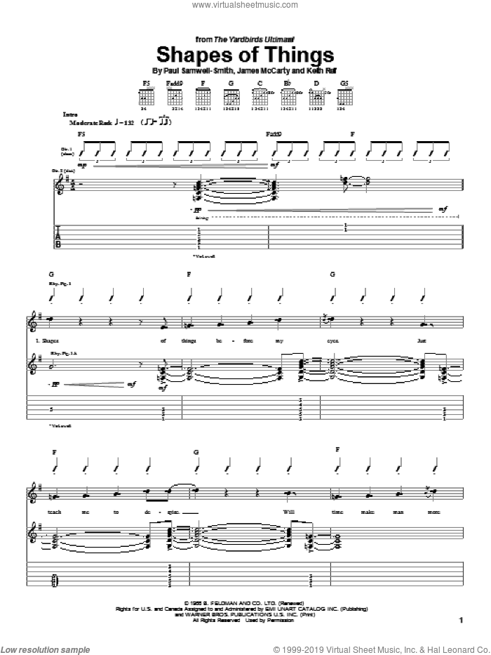 Shapes Of Things sheet music for guitar (tablature) by The Yardbirds, Dixie Dregs, Rod Stewart, James McCarty, Keith Relf and Paul Samwell-Smith, intermediate skill level