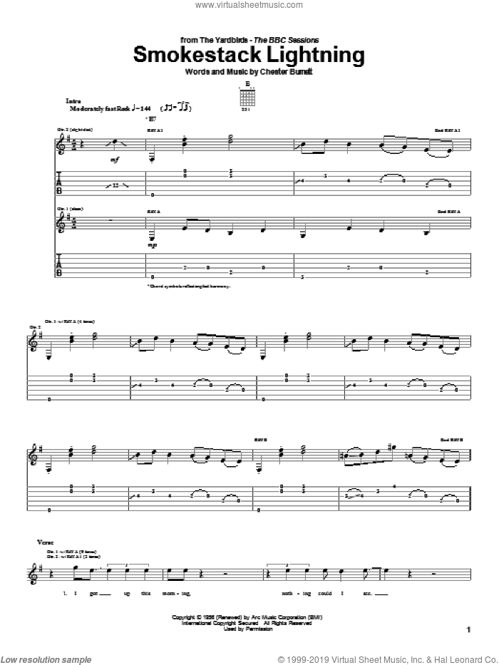 Smokestack Lightning sheet music for guitar (tablature) by The Yardbirds, Eric Clapton and Chester Burnett, intermediate skill level