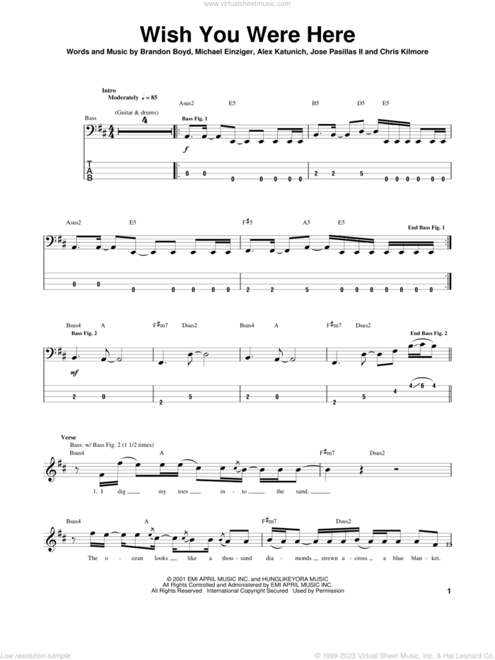 Wish You Were Here sheet music for bass (tablature) (bass guitar) by Incubus, Alex Katunich, Brandon Boyd and Michael Einziger, intermediate skill level