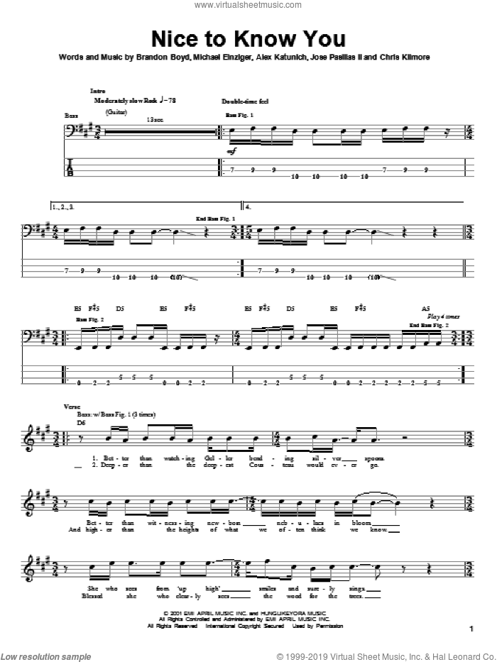 Nice To Know You sheet music for bass (tablature) (bass guitar) by Incubus, Alex Katunich, Brandon Boyd and Michael Einziger, intermediate skill level