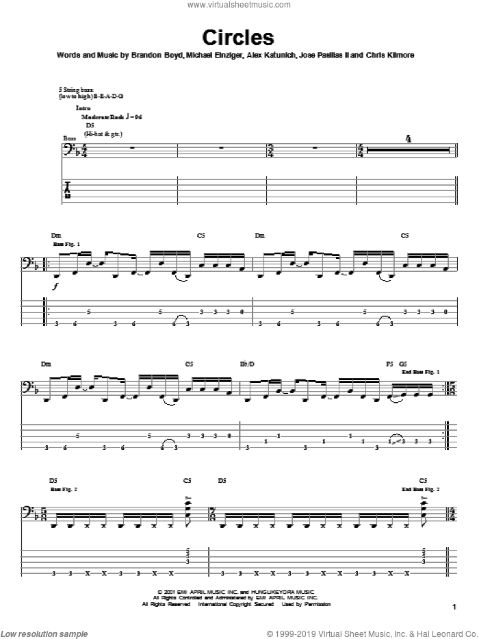 Circles sheet music for bass (tablature) (bass guitar) by Incubus, Alex Katunich, Brandon Boyd and Michael Einziger, intermediate skill level