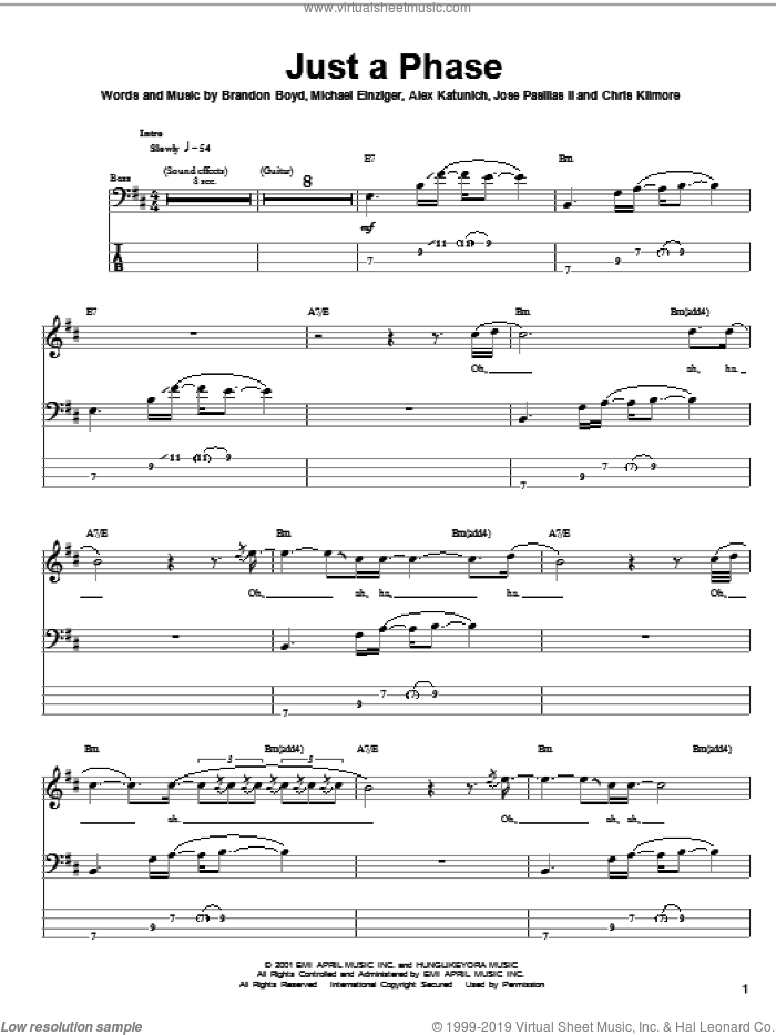 Just A Phase sheet music for bass (tablature) (bass guitar) by Incubus, Alex Katunich, Brandon Boyd and Michael Einziger, intermediate skill level