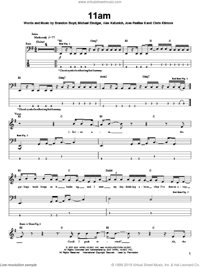 11am sheet music for bass (tablature) (bass guitar) by Incubus, Alex Katunich, Brandon Boyd and Michael Einziger, intermediate skill level