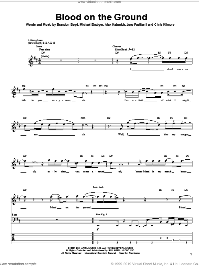 Blood On The Ground sheet music for bass (tablature) (bass guitar) by Incubus, Alex Katunich, Brandon Boyd and Michael Einziger, intermediate skill level