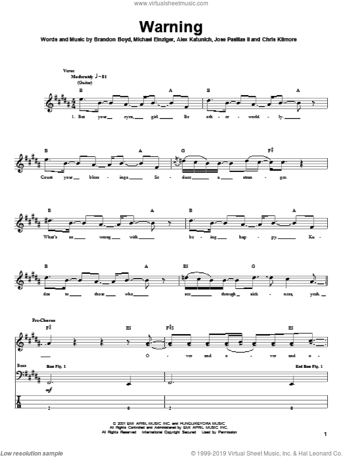 Warning sheet music for bass (tablature) (bass guitar) by Incubus, Alex Katunich, Brandon Boyd and Michael Einziger, intermediate skill level