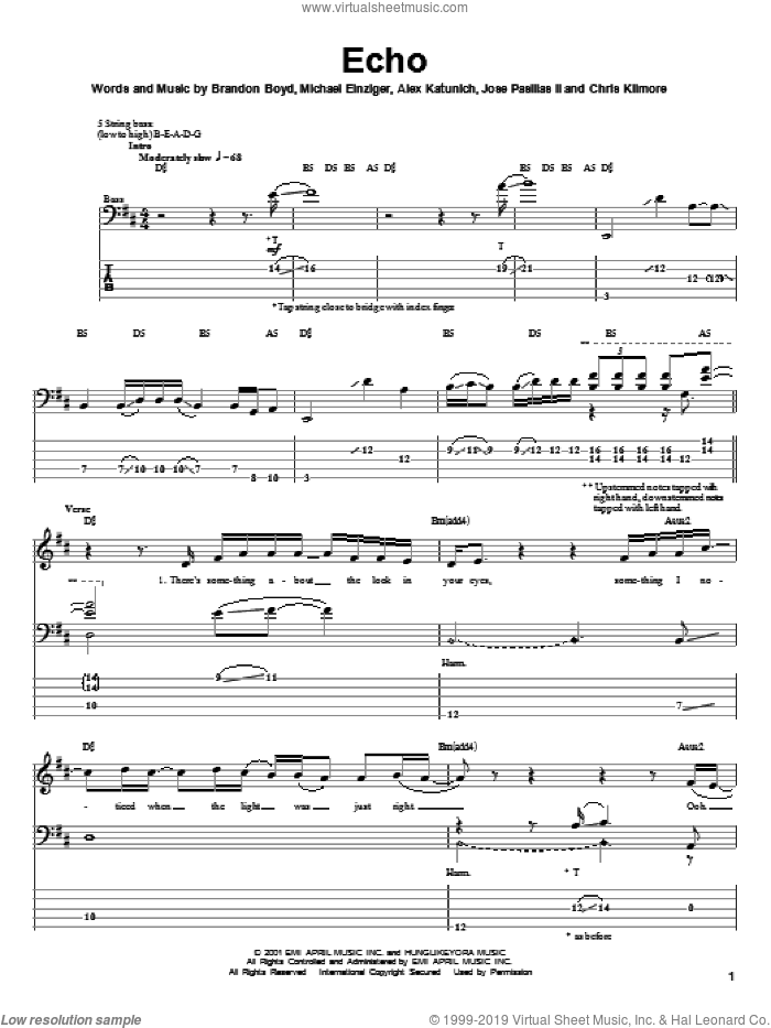 Echo sheet music for bass (tablature) (bass guitar) by Incubus, Alex Katunich, Brandon Boyd and Michael Einziger, intermediate skill level