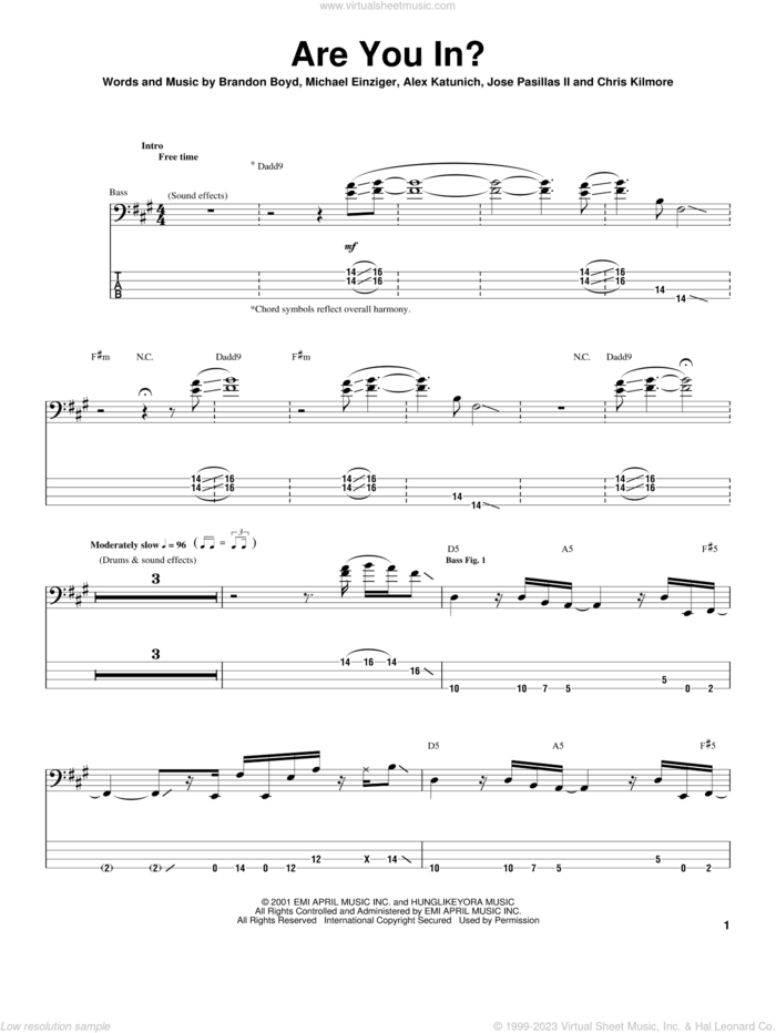 Are You In? sheet music for bass (tablature) (bass guitar) by Incubus, Alex Katunich, Brandon Boyd and Michael Einziger, intermediate skill level