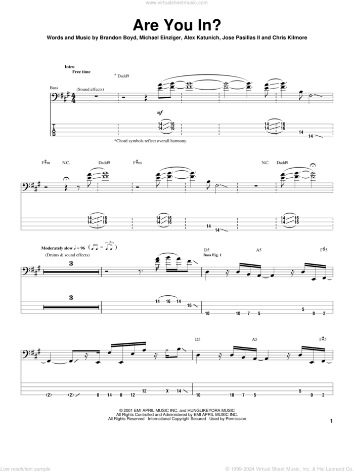 Are You In? sheet music for bass (tablature) (bass guitar) by Incubus, Alex Katunich, Brandon Boyd and Michael Einziger, intermediate skill level