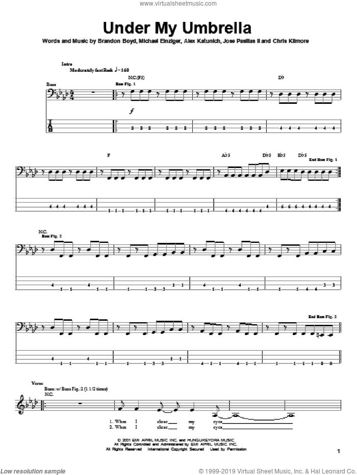 Under My Umbrella sheet music for bass (tablature) (bass guitar) by Incubus, Alex Katunich, Brandon Boyd and Michael Einziger, intermediate skill level