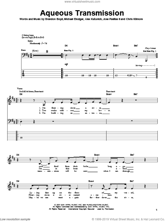 Aqueous Transmission sheet music for bass (tablature) (bass guitar) by Incubus, Alex Katunich, Brandon Boyd and Michael Einziger, intermediate skill level