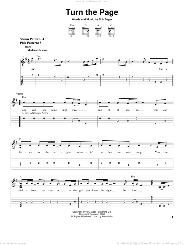 Turn The Page sheet music for guitar solo (easy tablature) by Bob Seger and Metallica, easy guitar (easy tablature)