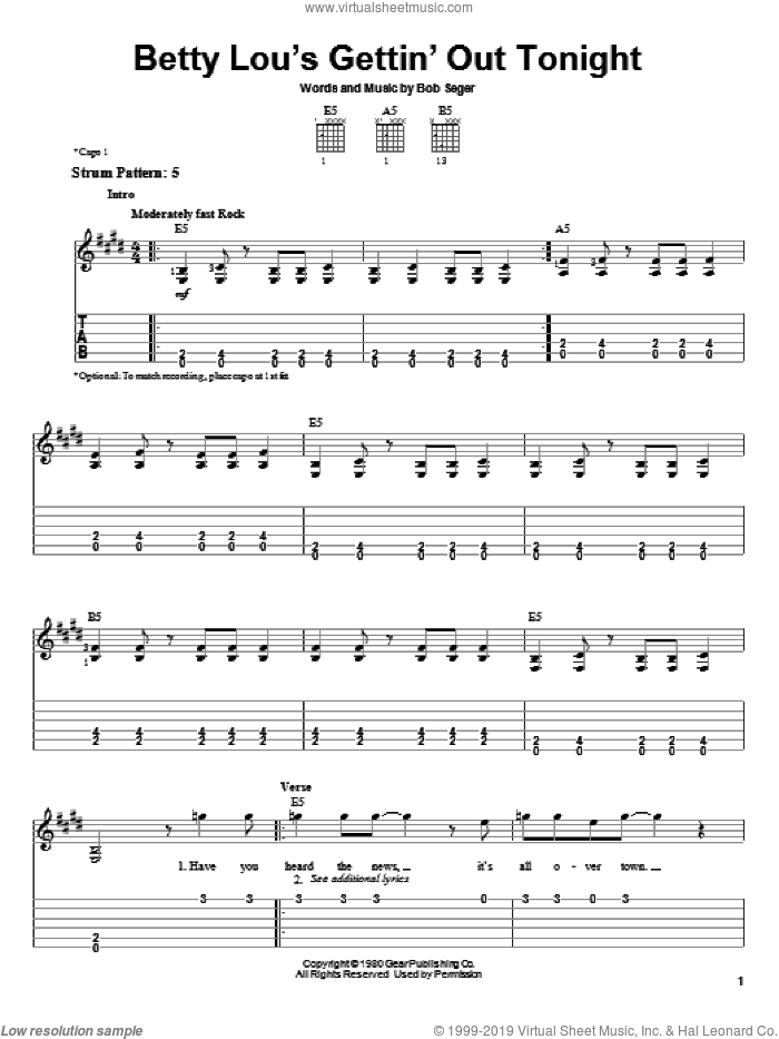 Betty Lou's Gettin' Out Tonight sheet music for guitar solo (easy tablature) by Bob Seger, easy guitar (easy tablature)