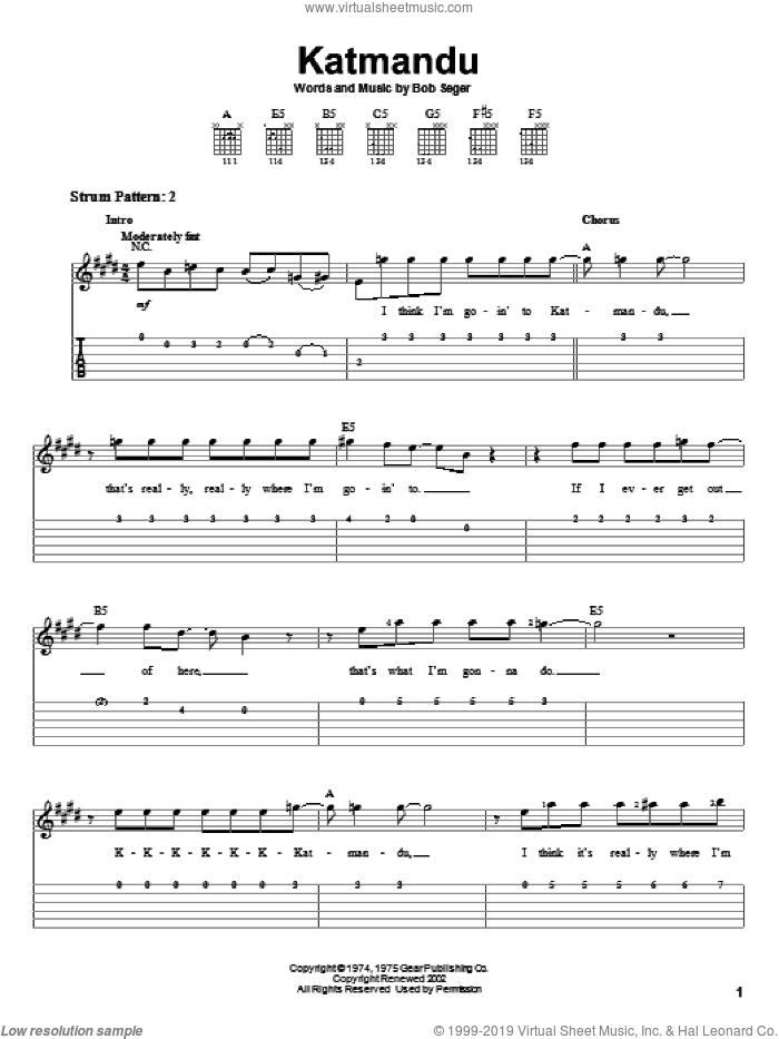 Katmandu sheet music for guitar solo (easy tablature) by Bob Seger, easy guitar (easy tablature)