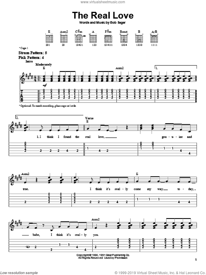 The Real Love sheet music for guitar solo (easy tablature) by Bob Seger, easy guitar (easy tablature)