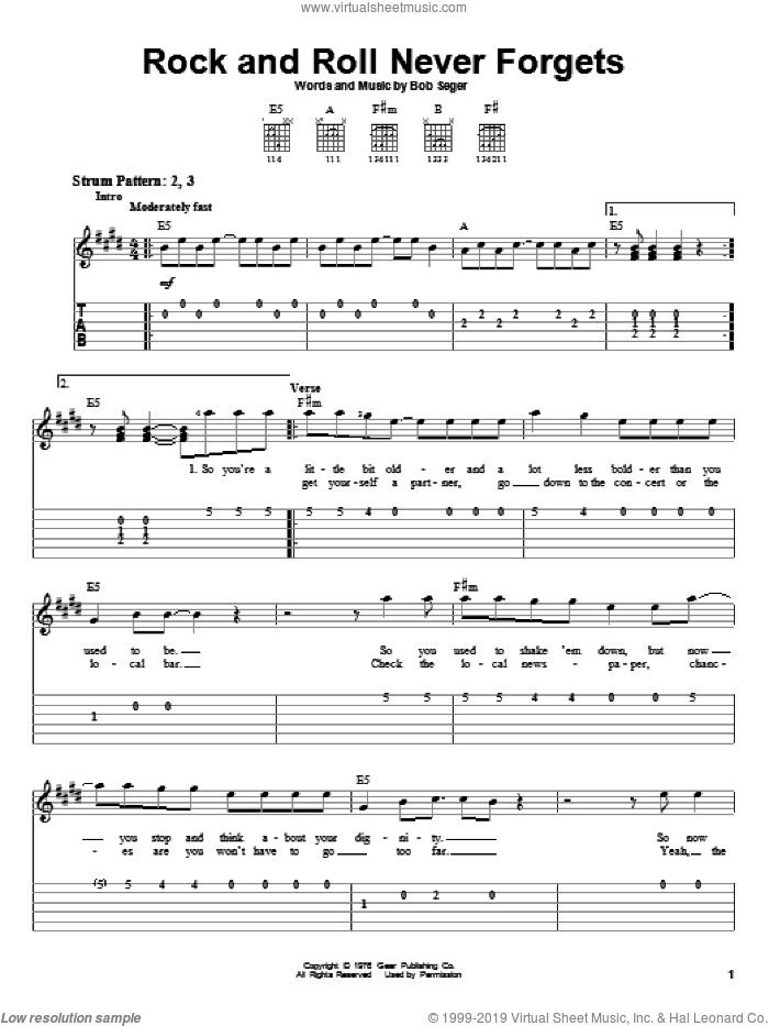 Rock And Roll Never Forgets sheet music for guitar solo (easy tablature) by Bob Seger, easy guitar (easy tablature)