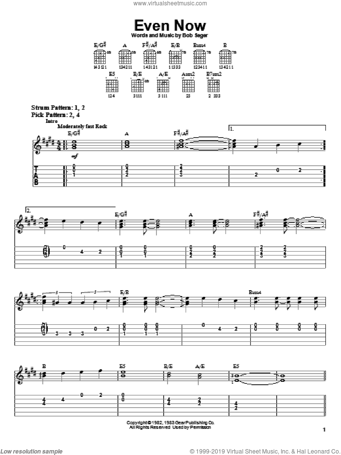 Even Now sheet music for guitar solo (easy tablature) by Bob Seger, easy guitar (easy tablature)