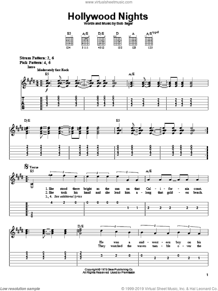 Hollywood Nights sheet music for guitar solo (easy tablature) by Bob Seger, easy guitar (easy tablature)