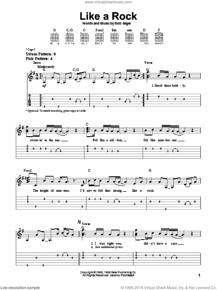 Like A Rock sheet music for guitar solo (easy tablature) by Bob Seger, easy guitar (easy tablature)