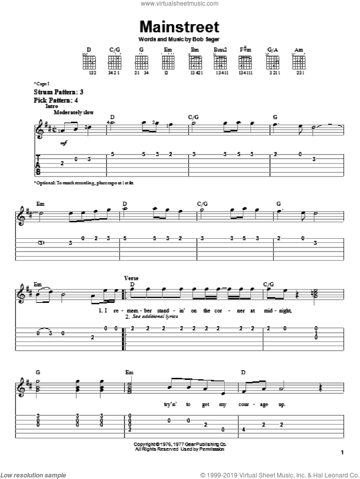 Mainstreet sheet music for guitar solo (easy tablature) by Bob Seger, easy guitar (easy tablature)
