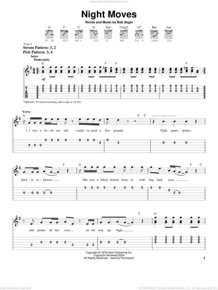 Night Moves sheet music for guitar solo (easy tablature) by Bob Seger, easy guitar (easy tablature)