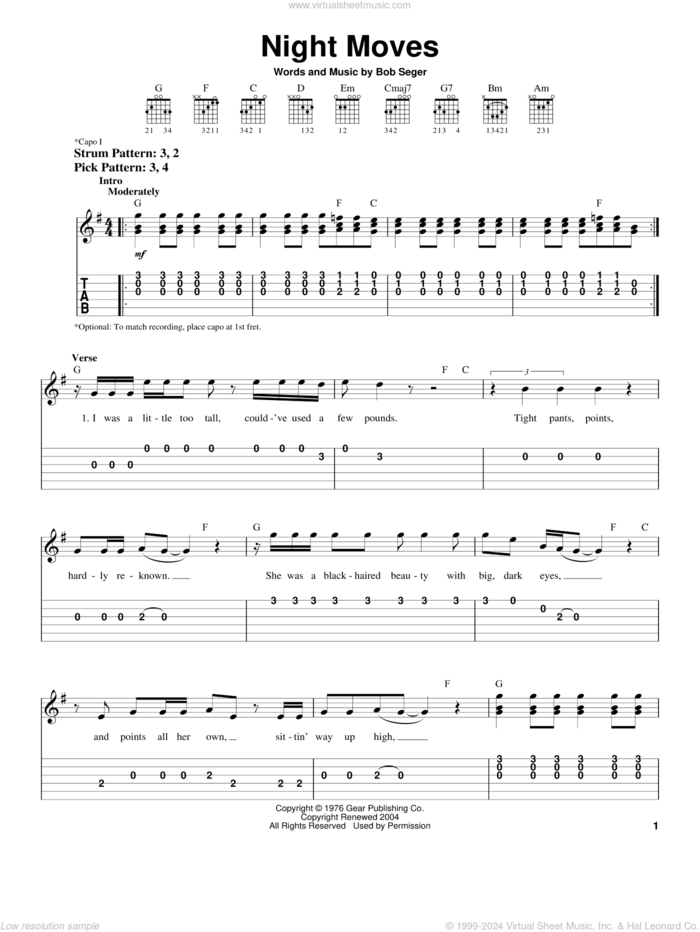 Night Moves sheet music for guitar solo (easy tablature) by Bob Seger, easy guitar (easy tablature)