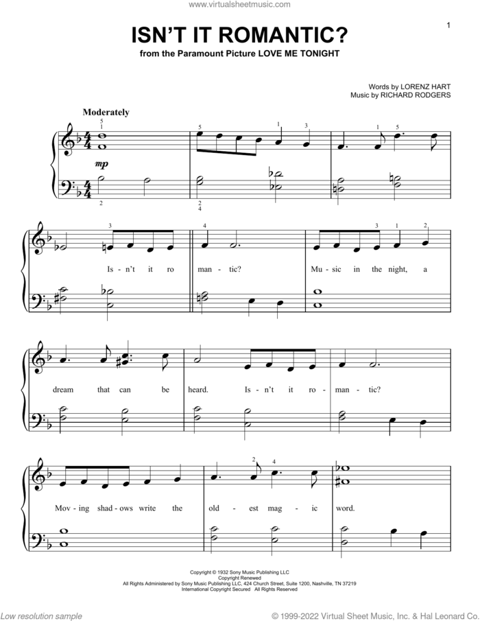 Isn't It Romantic? sheet music for piano solo by Rodgers & Hart, Shirley Horn, Lorenz Hart and Richard Rodgers, beginner skill level