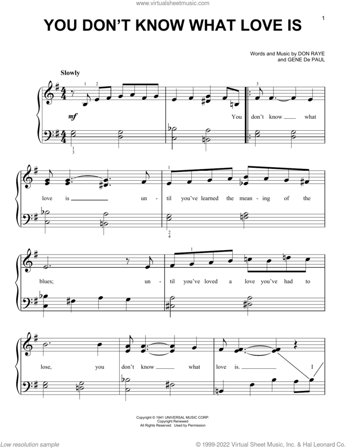 You Don't Know What Love Is sheet music for piano solo by Carol Bruce, Don Raye and Gene DePaul, beginner skill level