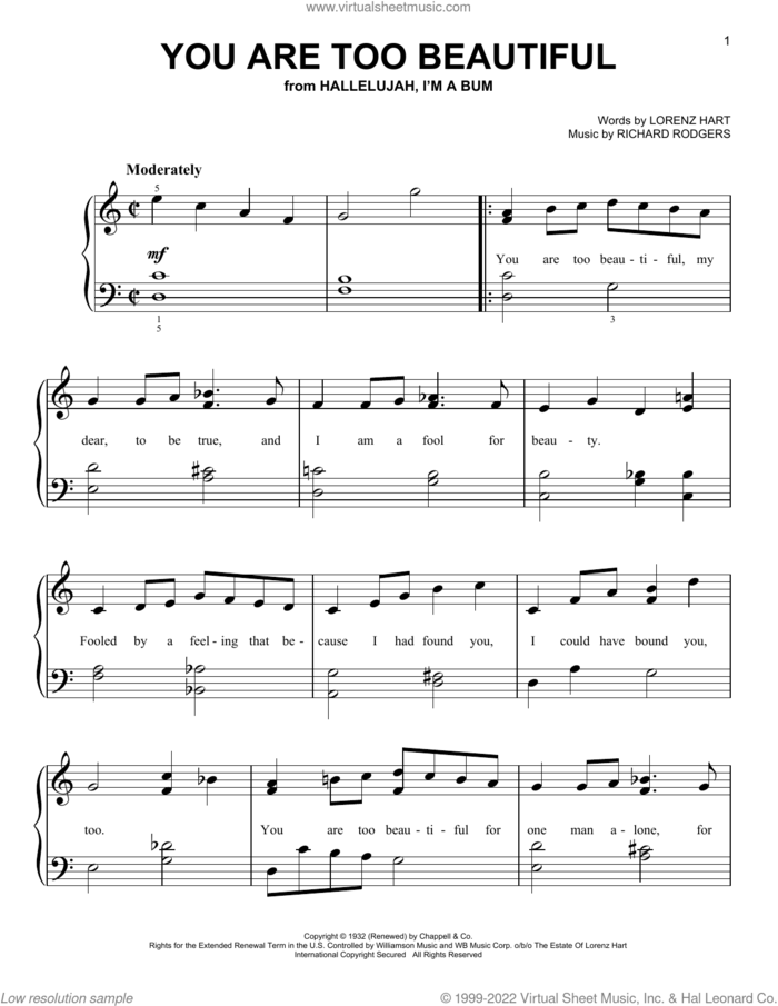 You Are Too Beautiful, (beginner) sheet music for piano solo by Rodgers & Hart, Lorenz Hart and Richard Rodgers, beginner skill level